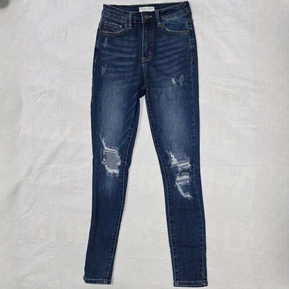 Nature Denim ✦ Distressed Skinny Jeans ✦ Mid-Rise Dark Wash Ripped Details Sz 25 - Picture 2 of 14